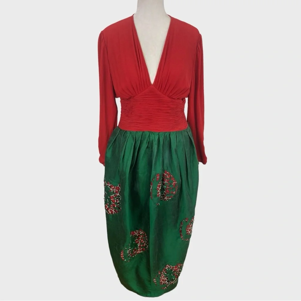 Vintage 1988 Runway Valentino Boutique Rare Red Green Cupid Gown XS/S - Picture 1 of 17